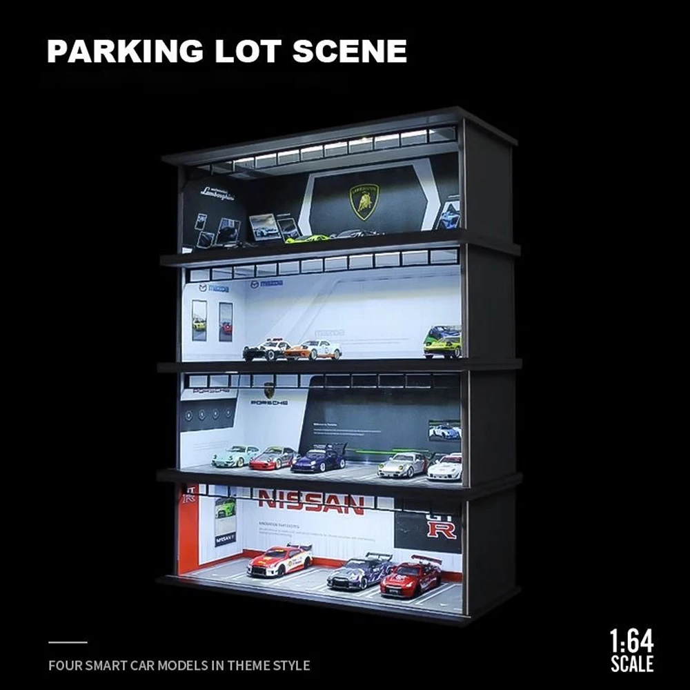 1:64 Scale Diorama Parking Lot Model Assemble LED Lighting Car Car Garage Backdrop Display Scene Model Toy Collection Gift