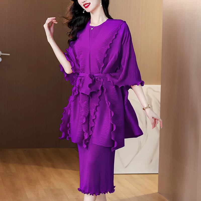 2025 Spring and Summer New French Elastic Wrinkle Lotus Leaf Edge Skirt Set for Women, Loose Large Two Piece Set