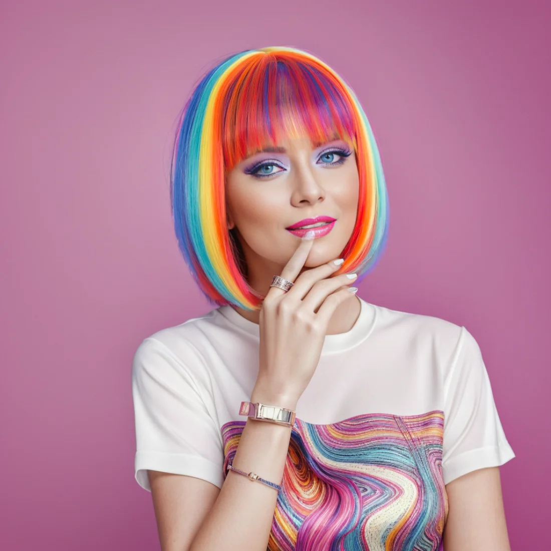 Mehrfarbige Regenbogen-Perücke, kurze Bob-Perücke mit Pony, lockige gewellte synthetische Cosplay-Perücke für Frauen und Mädchen