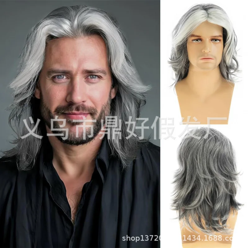 

Парик средней части, средней длины, белый, смешанный цвет, градиент, длинные волосы, серые блики, натуральные вьющиеся мужские волосы