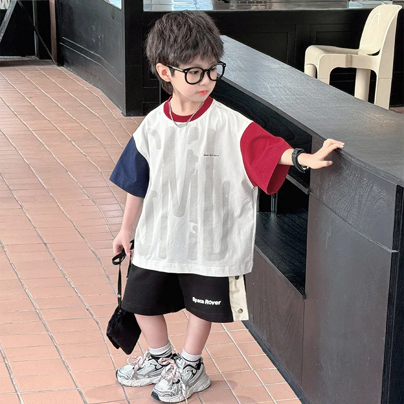 Baby Boys Top Boys Short Sleeve 2024 New Children Splicing Foreign Style Half Sleeve T-shirt Boys Summer Pure Cotton Tops