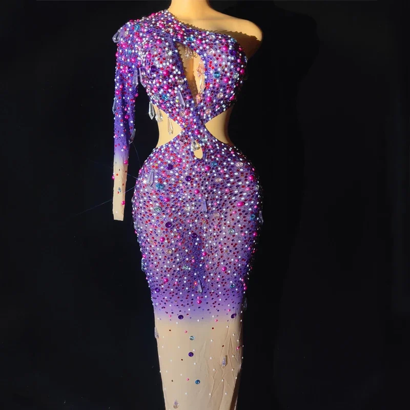 Bunte Strass Kreuz Cut Out Kleid Sexy Stretch Perlen Abendkleid Frauen Geburtstag Party Sänger Kostüme Outfit XS6143