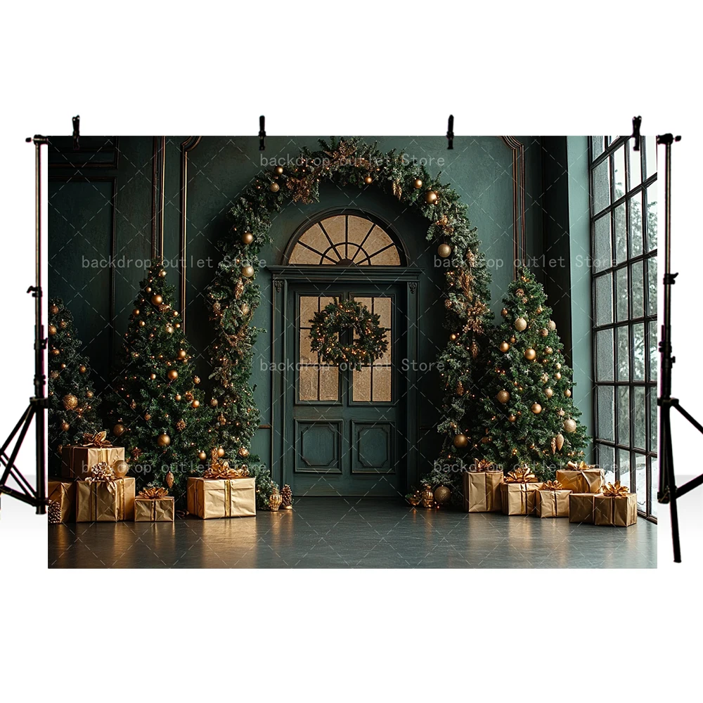 Mehofond عيد الميلاد التصوير خلفية خمر نافذة الباب الأخضر شجرة عيد الميلاد الاطفال الأسرة صورة خلفية ديكور #1