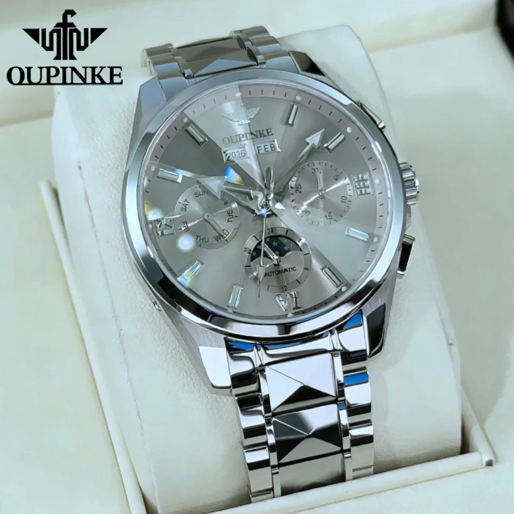 

Мужские часы OUPINKE, лучшие брендовые роскошные деловые оригинальные автоматические механические наручные часы из вольфрамовой стали с сапфировым стеклом и календарем