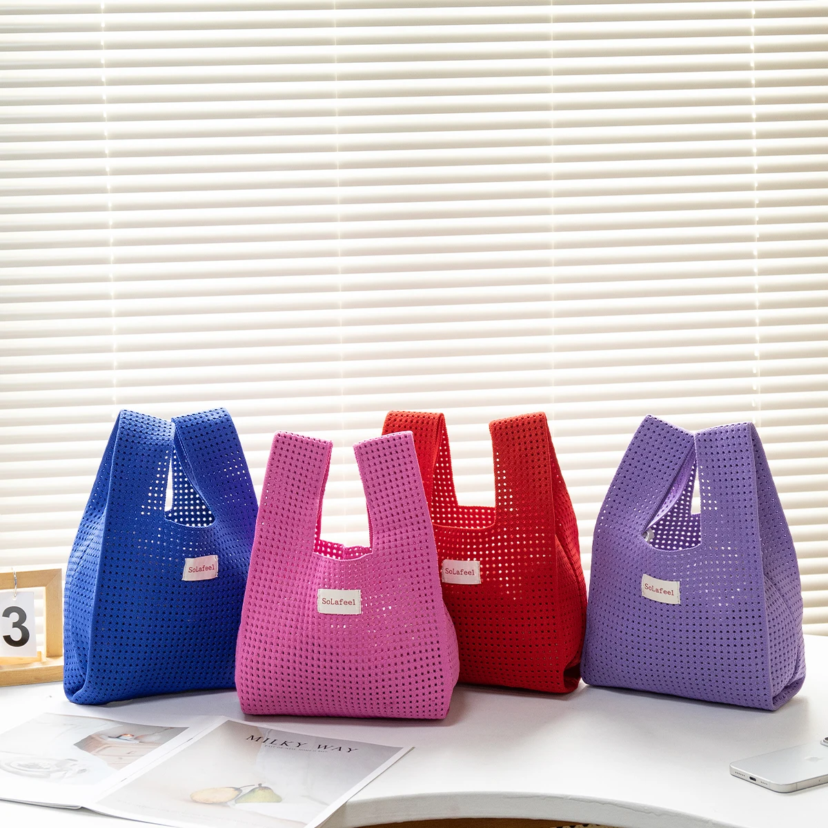 Handmade Knit Handbag Women Mini Knot Wrist-bag Female Casual Color Wide Stripe Plaid Tote Bag Student Reusable Shopping Bag