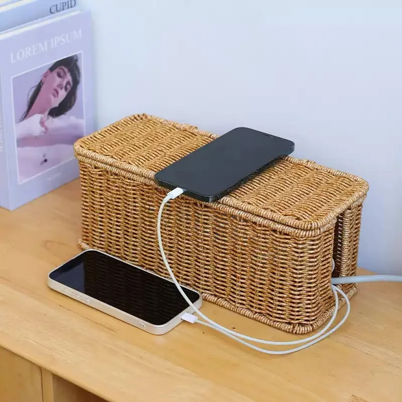 Imitation Rattan Cable Organizer Box Office Desk Charger Socket Network Line Storage Bin Power Cord Charger Storage Box