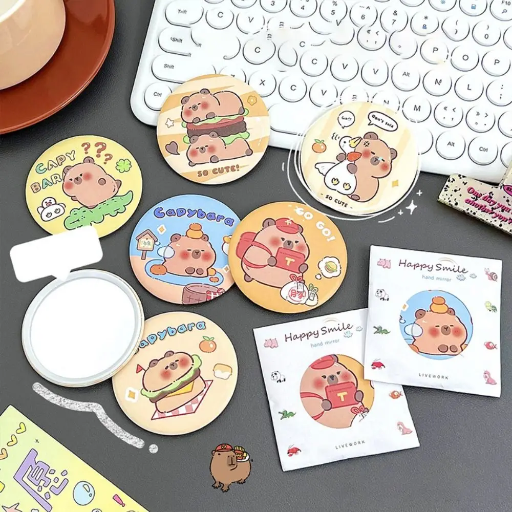 HD Cute Capybara Small Round Mirror Tinplate Portable Cartoon Single-sided Mirror Compact Multi-purpose Cosmetic Mirror Students