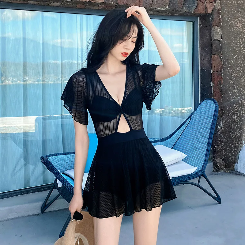 Korean One-piece Swimsuit Women Black White Sexy Lace Mesh High Waisted Swimwear Summer Beach Holiday Slimming Bathing Suit 2024