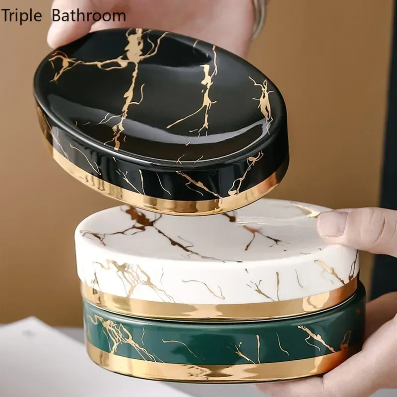Soap Dish, Marble Look Bar Soap Holder Soap Sponge Tray Soap Case Box Saver for Bathroom Shower Kitchen Sink- Marble Look