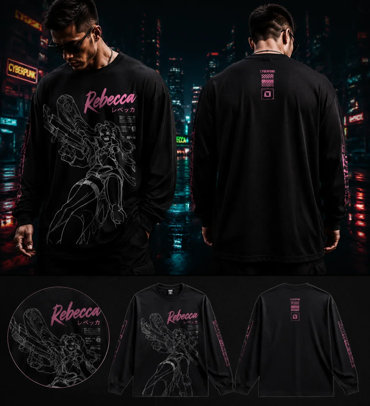 Men's Cyberpunk Edgerunners David Martinez Long‑Sleeve Tee,Anime Cyber Y2K Streetwear,Quick‑Dry Breathable Polyester Fitness Top