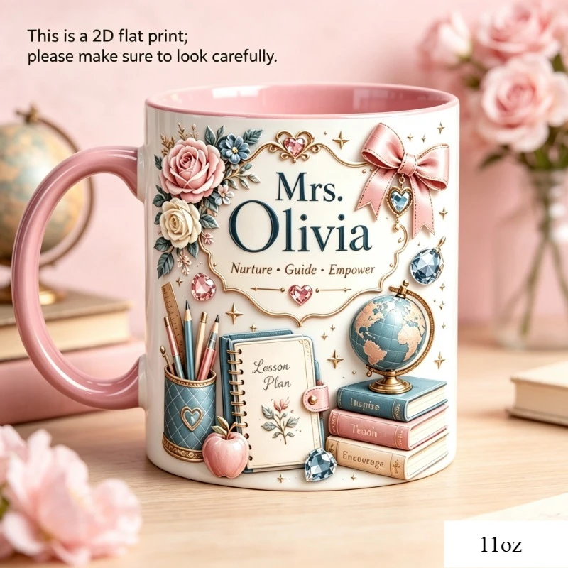 Personalized Teacher Theme Ceramic Coffee Mug 11oz Custom Name Text Microwave Safe Gift for Women Teacher Colleague