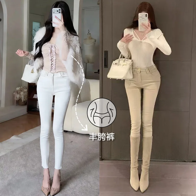 

Jiangnan Beauty~Корейские женские джинсы-карандаш универсального кроя в цветах хаки и белого с дизайнерским принтом