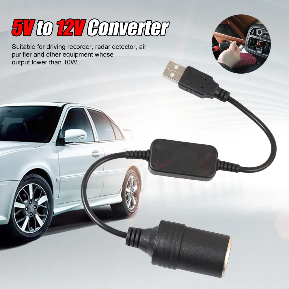 Car 5V To 12V Power Converter Step Up USB Male To Cigarette Lighter Female Adapter Power Cable For Dash Cam Auto Accessories