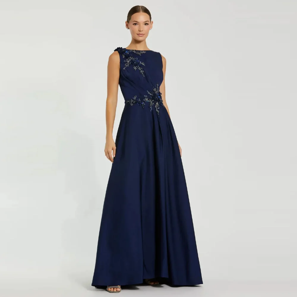 Customized  Charmeuse Sash Pleat Flower Beading Mother of The Bride Dress A-line Scoop Neck Long Wedding Guest Gown image 2