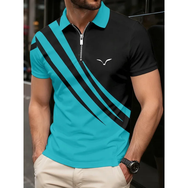 New fashion horse and striped pattern polo men's T-shirt, summer short-sleeved printed street comfort polo T-shirt