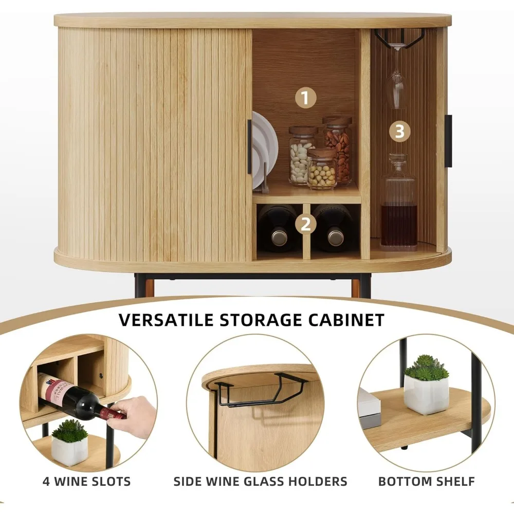 천연 오크 소재의 주방 또는 거실용 LED 조명, 슬라이딩 도어, 와인 랙 및 유리 홀더가 있는 모던 사이드보드 캐비닛