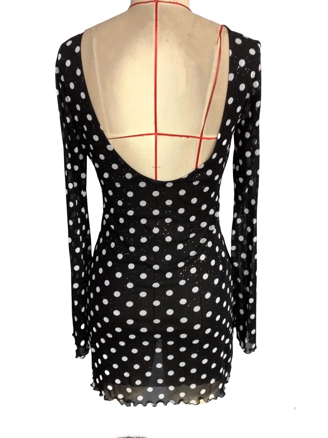Womens Dresses 2025 Spring Fashion New Elegant Mesh Wave Dot Printed Round Neck Backless Long Sleeve Casual Mini Dress