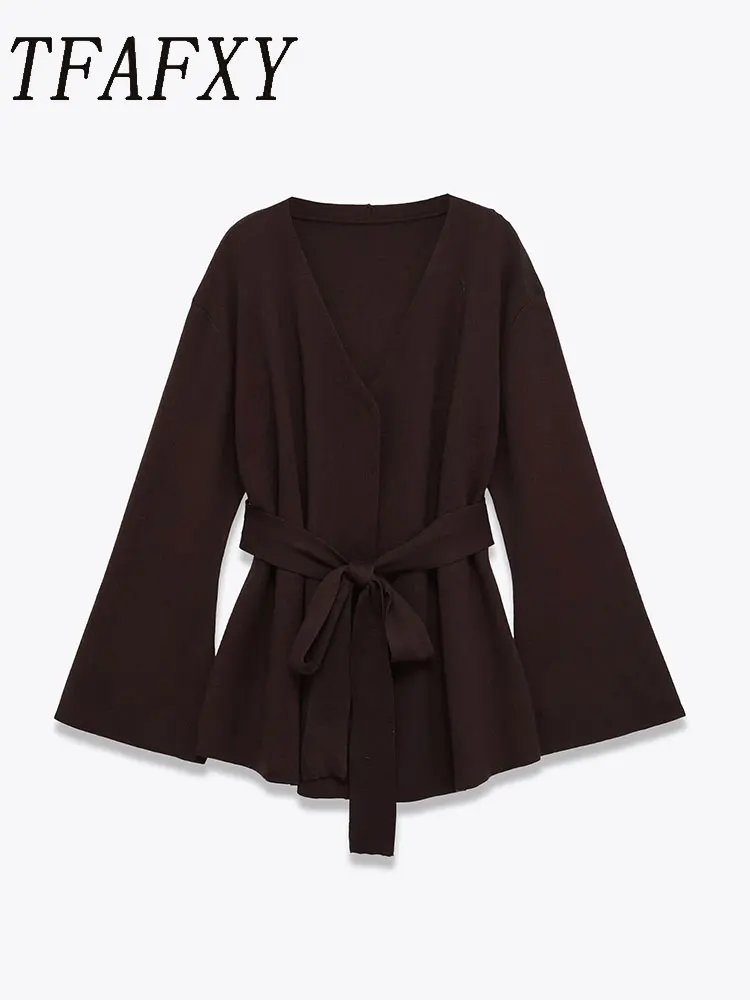 

TFAFXY Women's Casual Chic Brown Knit Cardigans Women V Neck Belt Long Sleeve Sweaters Fashion 2025 Fall Winter Lady Top