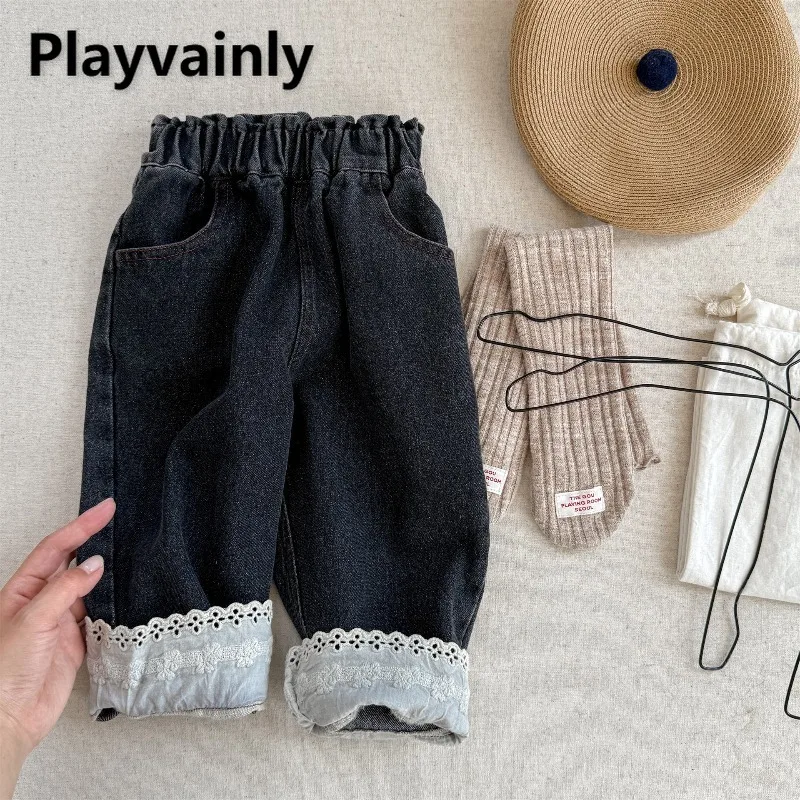 

2025 New Girls Korean Style Lace Jeans Spring Autumn Elastic Waist Floral Patchwork Denim Pants Fashion Children Trousers A6506