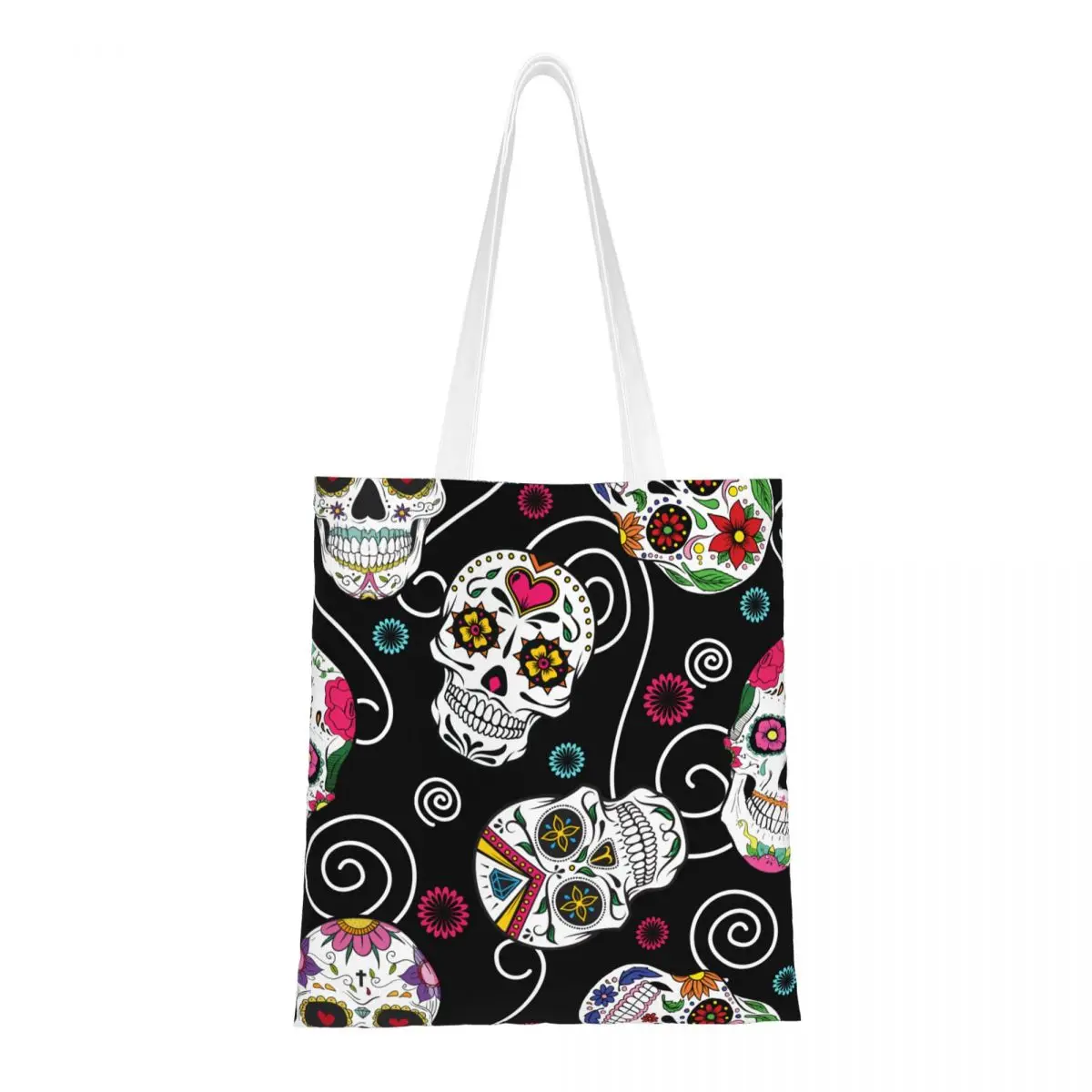 حقيبة يد من القماش على شكل جمجمة السكر لهدايا الهالوين، حقائب كتف يوم الموتى، حقائب تسوق ذات سعة كبيرة للنساء #1