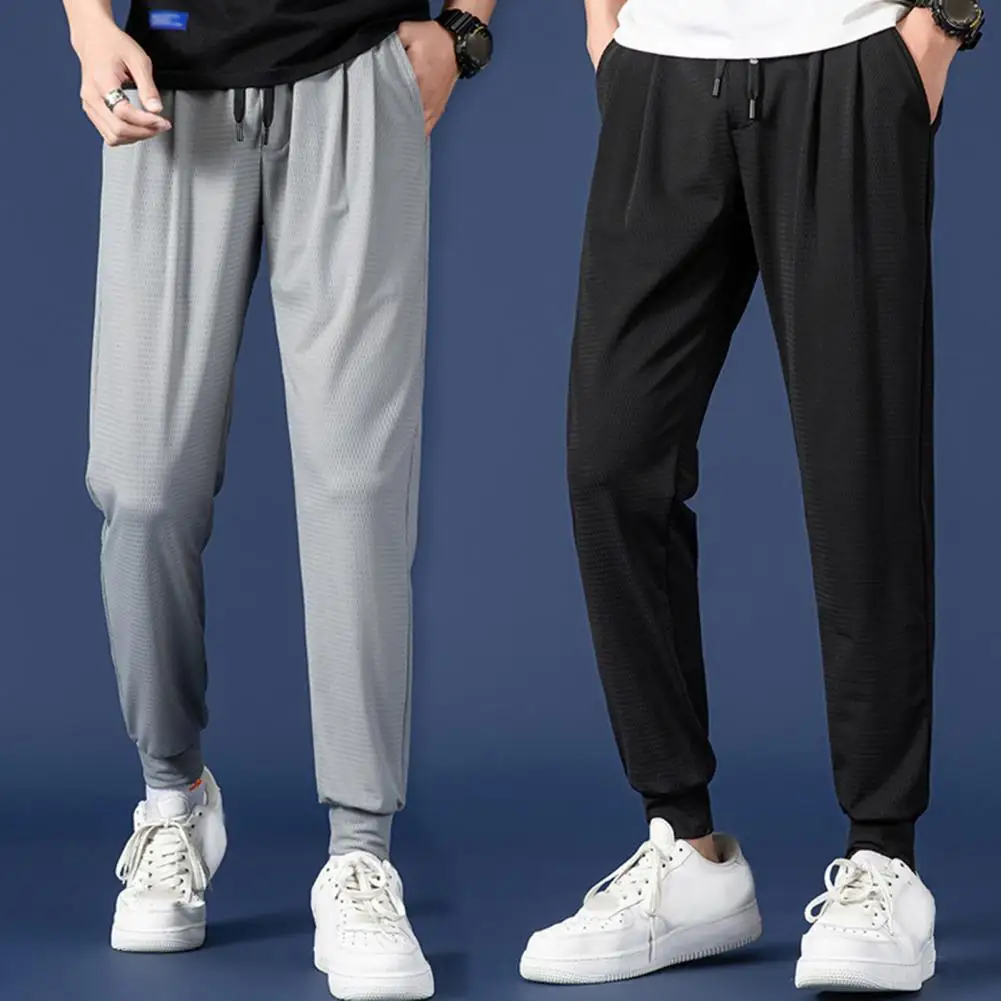 

Mid-rise Elastic Waistband Casual Pants Drawstring Pockets Mesh Men Ice Silk Thin Jogging Sweatpants Streetwear