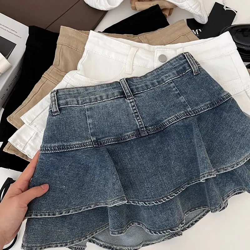 デザイン二層フリルエッジハイウエストプリーツデニムスカート女性用抗光ショートスカート