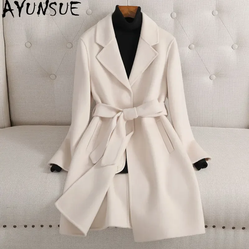 AYUNSUE 100% Wool Coat Woman High Quality Midi Coat for Womens Autumn Clothes Fashion New Cashmere Coats Пальто Женское 2024