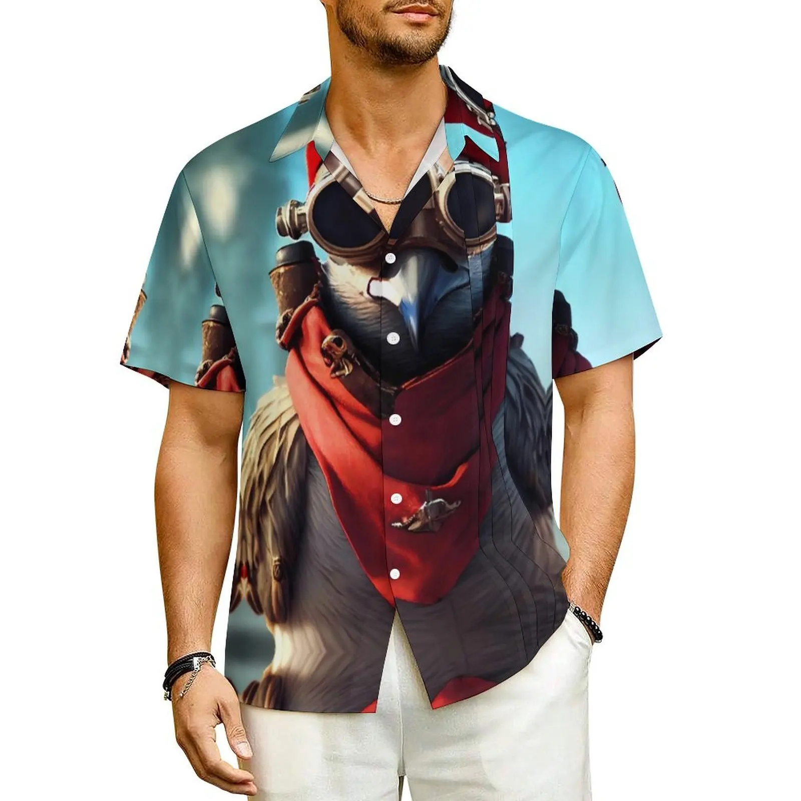 Camisa havaiana animal engraçada masculina, camisas casuais de férias pirata gaivota, blusas de manga curta Y2K Street elegante plus size