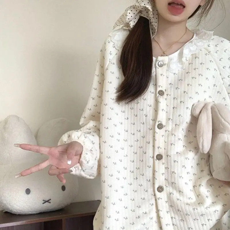 

Girl Winter Homewear 2025 New Style Korean Minimalist Floral Sandwich Autumn Pajamas Women Women's Pajama Set Warm Nightwear
