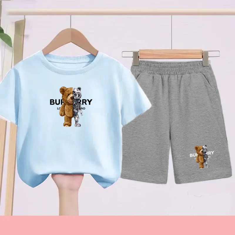 

Children's Summer Sports Outfit- a Pink T-shirt with Cartoon Bear Cartoon Pattern, Suitable for Daily Wear by Children Aged3to13