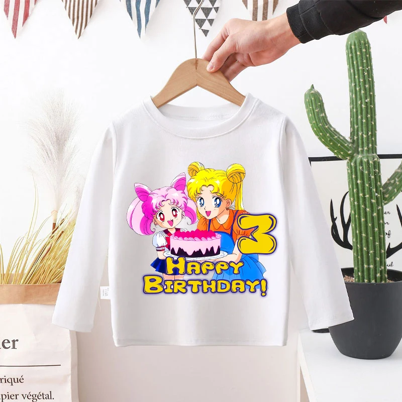 Sailor Moon Cartoon Number Printed Birthday T-shirts for Girls Anime Fashion Base Layer Children Kawaii Long-sleeved T-shirt
