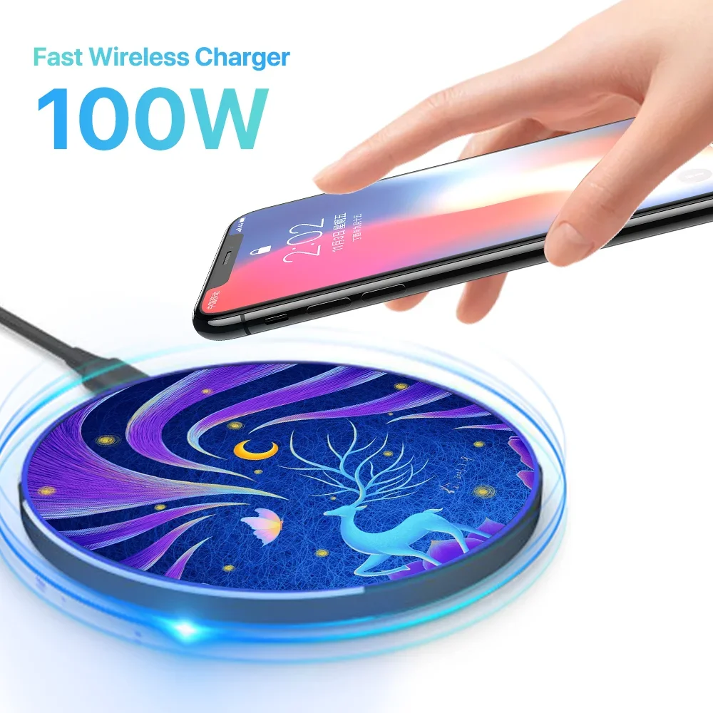 

Eonline 3D UV Free 100W Fast Qi Wireless Charger Pad for iPhone 14 Pro Max Samsung Galaxy S8 S22 S21 Xiaomi Wireless Charging