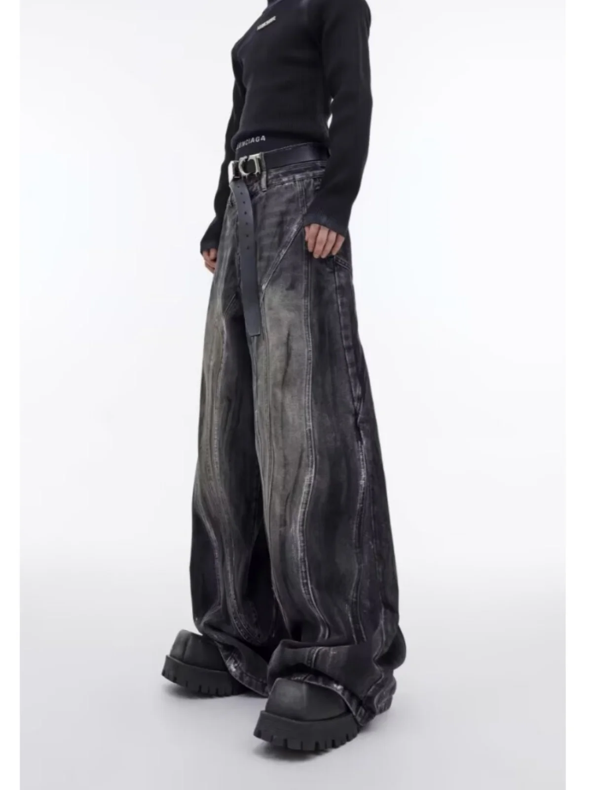 Originele zwaargewicht gedistilleerde losse jeans met wijde pijpen, handgeschilderd ontwerp, casual broek met hoge taille, jeugdfaion, rechte pijpen