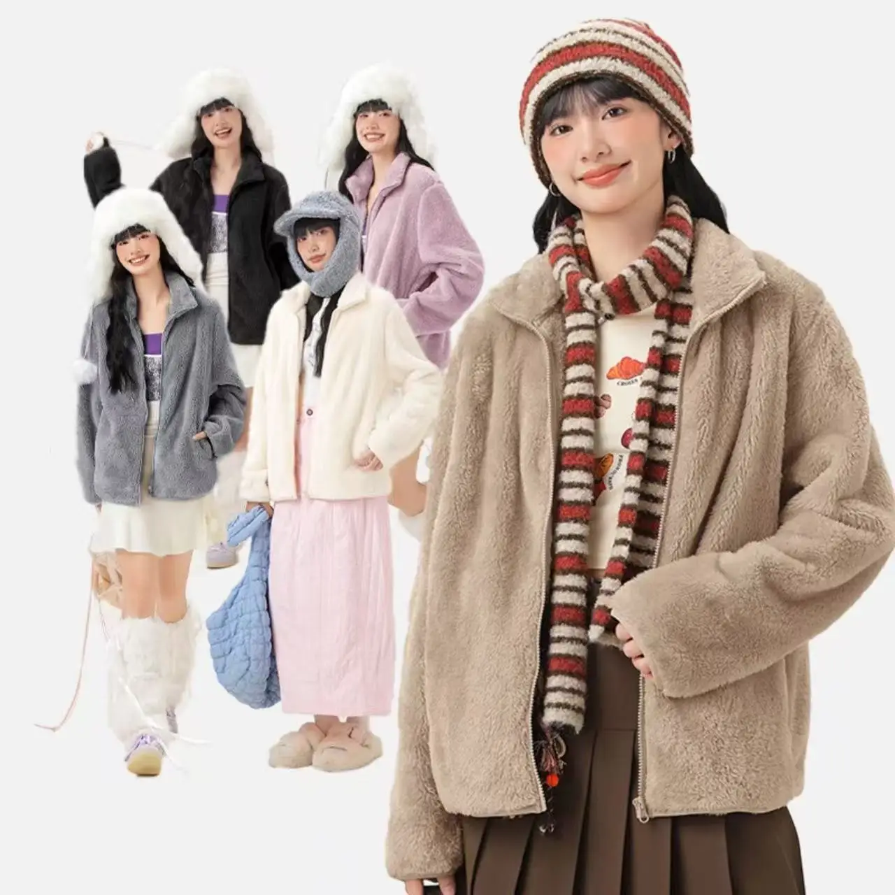 2025 가을 겨울 후드티 여성용 플리스 벨벳 스탠딩 칼라 방풍 안감 재킷 캐주얼 패션 플러시 따뜻한 코트 여성용