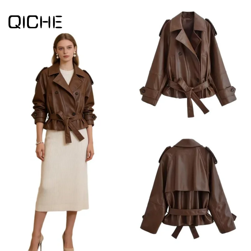 QICHE Women 2026 New Arrival European‑Style Elegant Tie‑Waist Faux‑Leather Short Trench Outer Coat