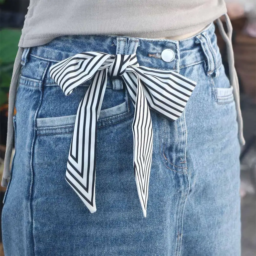 Schlichtes, elegantes Stirnband mit Bändern, französischer Wickelschal, gestreifter Seidenschal, bedruckter Schal, koreanischer Stil, kleine lange Schals – Detail 9