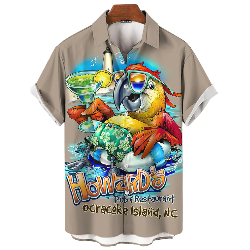 Men\'s Hawaiian Shirt Summer Short Sleeve Shirt 3D Parrot Print Pattern Casual Resort Clothing Lapel Button-Down Shirt T-Shirt