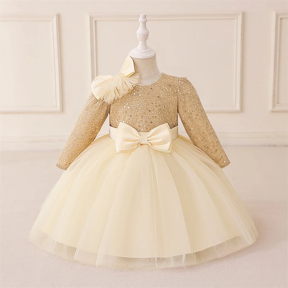 

Sequin Long Sleeve Baby Girl Dress Bow Tulle Toddler 1st Birthday Party Dresses for Baby Girls Wedding Princess Prom Gown 0-3Y