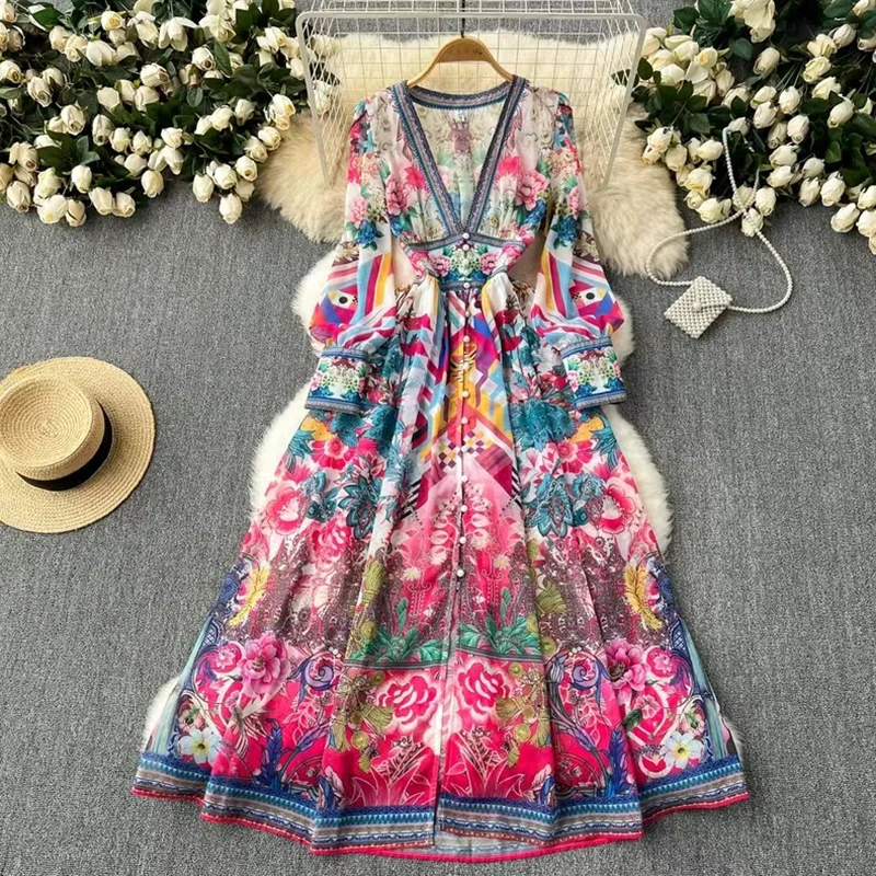 

Floral Color Advanced Design Elegant Dresses Holiday Casual Breasted High Waist Long Sleeve V-neck Dress Women Everyday Fashion