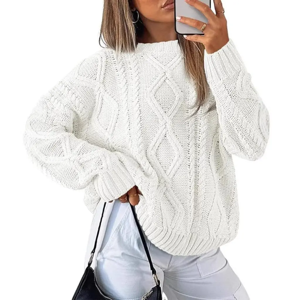 

Women's Solid Color Loose Casual Knitted Sweater round Neck Pullover Twisting Design European American Style Autumn Winter Top