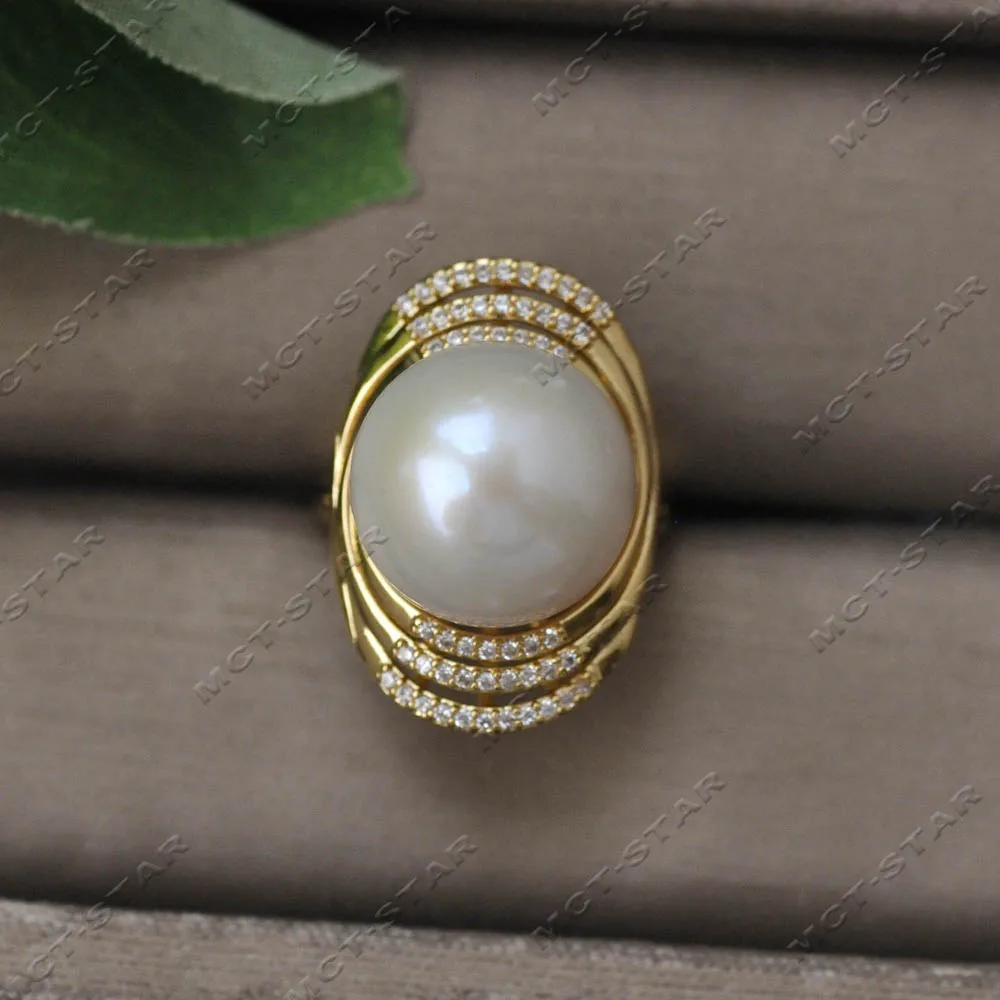MTC·STARZ AAA 15mm Multi Layer Twisted CZ  & Round Keshi Edison Pearl Statement Ring Adjustable Cocktail Ring  (Z14680)