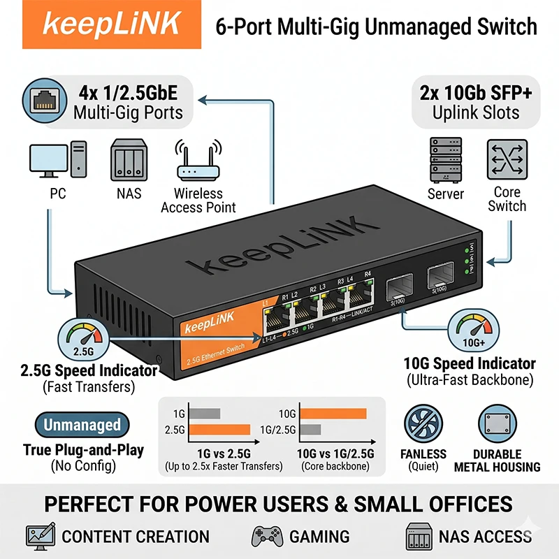 keepLiNK 6-Port Multi-Gig Unmanaged Switch, 4x 1/2.5GbE RJ45 + 2x 10Gb SFP+ Uplink, geräuschlos, lüfterlos, Metallgehäuse