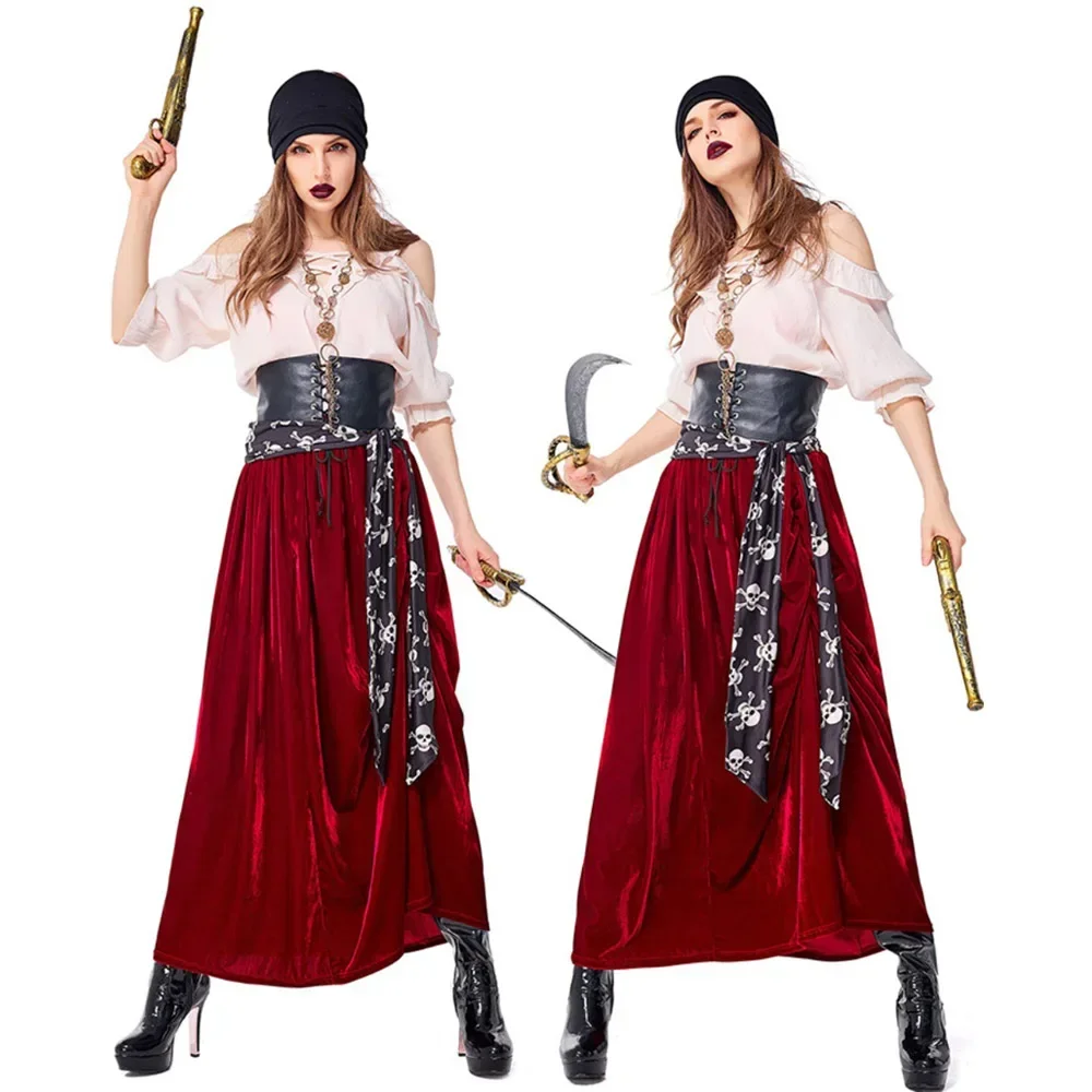 Caribbean Women Pirates Cosplay Costume Tops Skirt Scarf Girdle Suit Female Pirates Captain Role Play Uniform Halloween Party