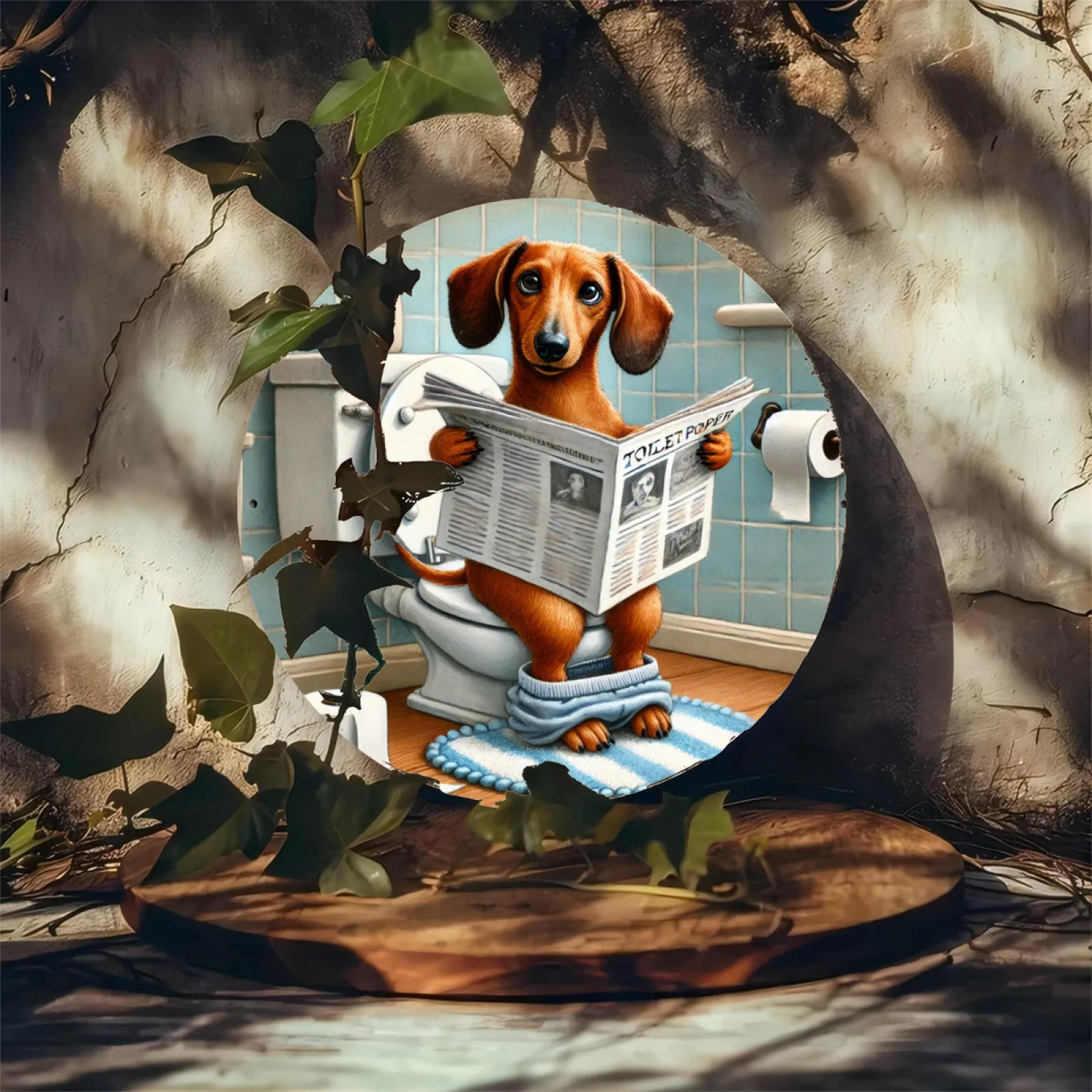 2D flaches 1-teiliges Retro-Rundschild aus humorvollem Dackel-Holz, geeignet für Heim- und Wanddekoration, Kunstbar und Toilettenschilder – Detail 6