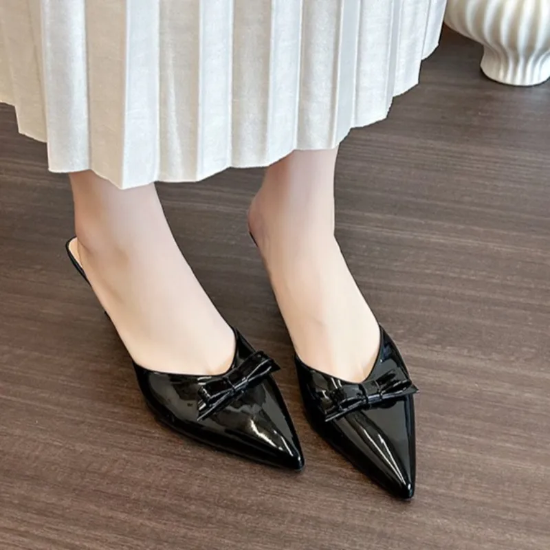 Sandalias de tacón alto para mujer, sandalias de charol de aguja 2025, verano al aire libre, sexy, con lazo, diseñador, punta cerrada, talla grande