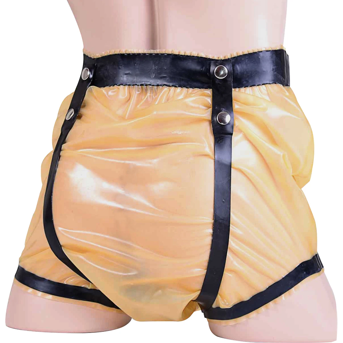 Transparent And Black Sexy High Waist Latex Briefs With Belt Buttons Frills Loosely Rubber Diaper Shorts Underwear Pants DK-0298