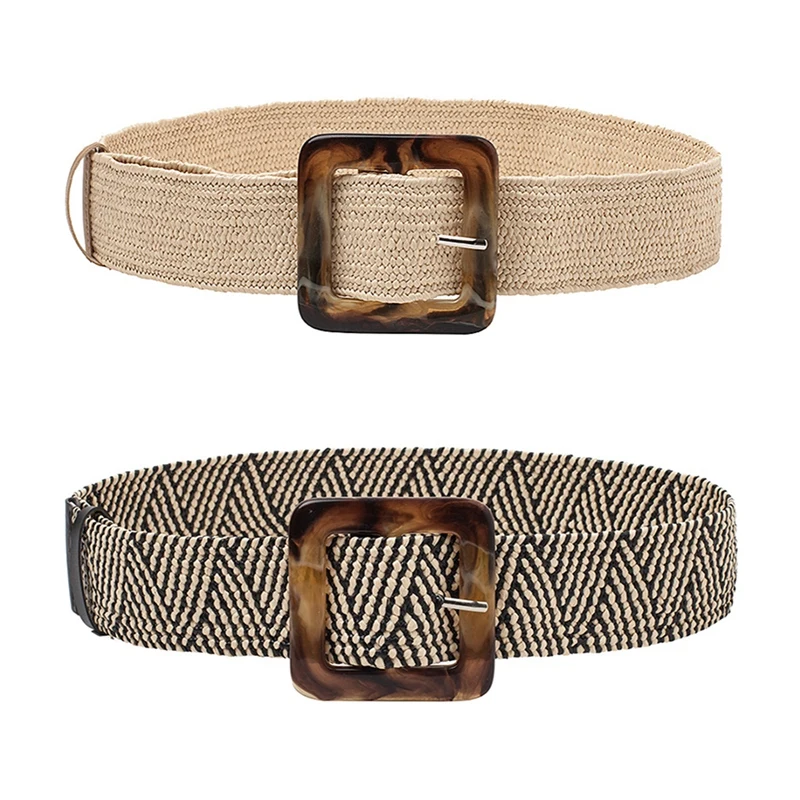 

2X Woven Belt Buckle Fashion Ladies Casual Belt Ladies Dress Straw Belt Black Strips & Beige