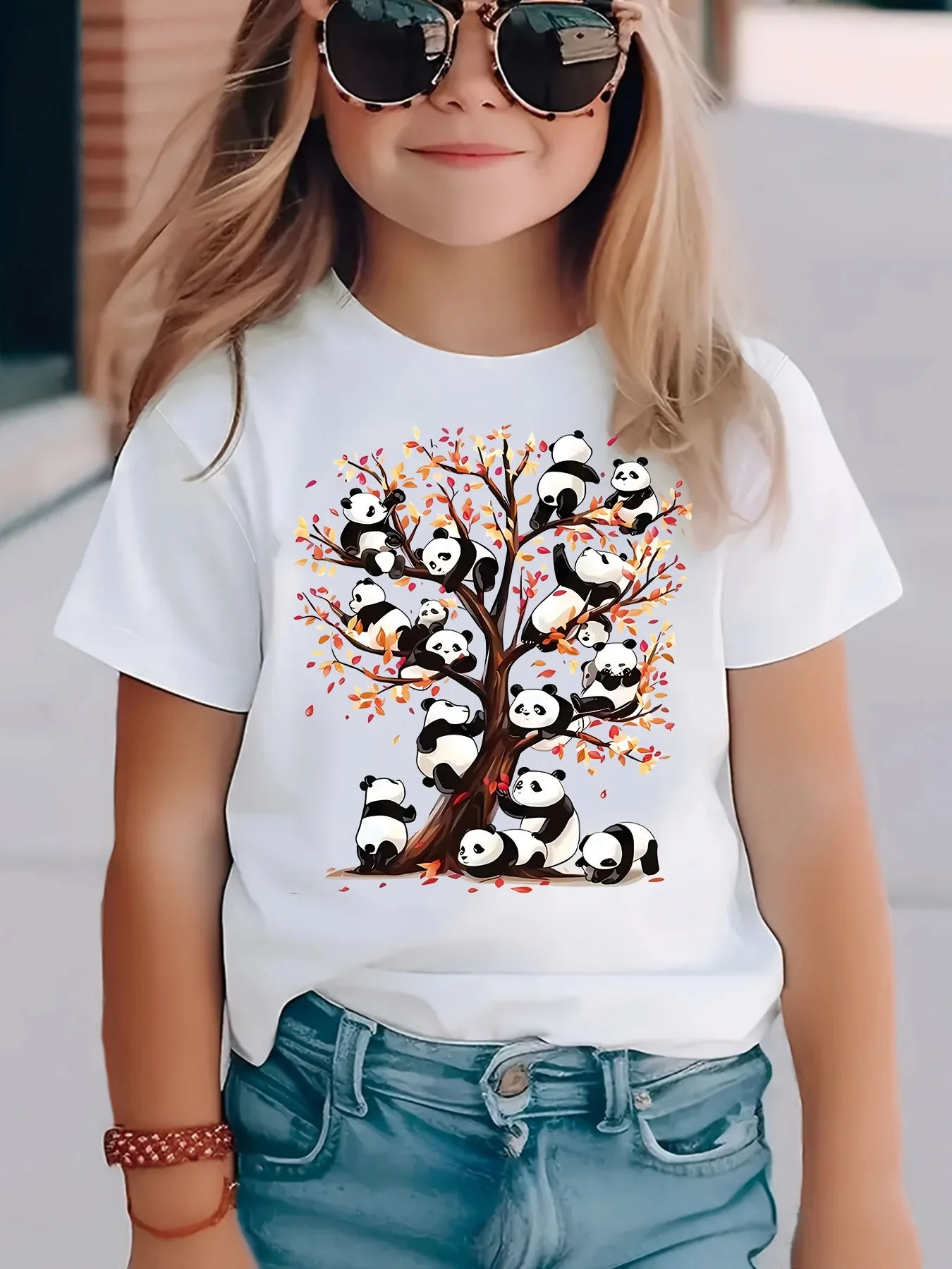 تي شيرت مطبوع عليه شجرة الباندا اللطيفة للفتيات - قميص وردي ناعم بأكمام قصيرة ورقبة دائرية، قماش محبوك مسامي لفصل الربيع