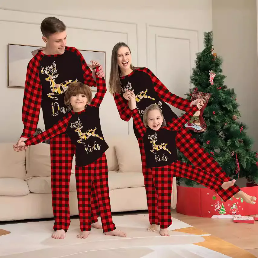 

Festive Christmas Reindeer Family Pajamas, Plaid Matching Sleepwear Set, Cozy Long Sleeve Outfit for Family Holiday Celebrations