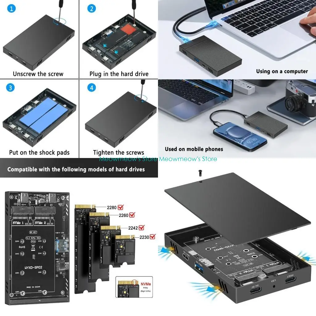 

W91a Double Bay M.2 NVME SSD корпус автономный клон 10 Гбит / с USB C 3.2 Gen2 Внешний корпус.